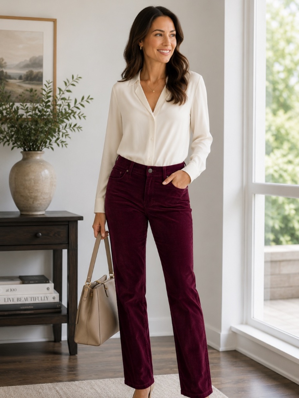 Lafayette 148 Thompson Corduroy Pants Size 8 Burgundy Stretch Straight Leg